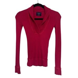 Y2K American Eagle Fitted Waffle Long Sleeve Cuff Tee in Pink - Size XS